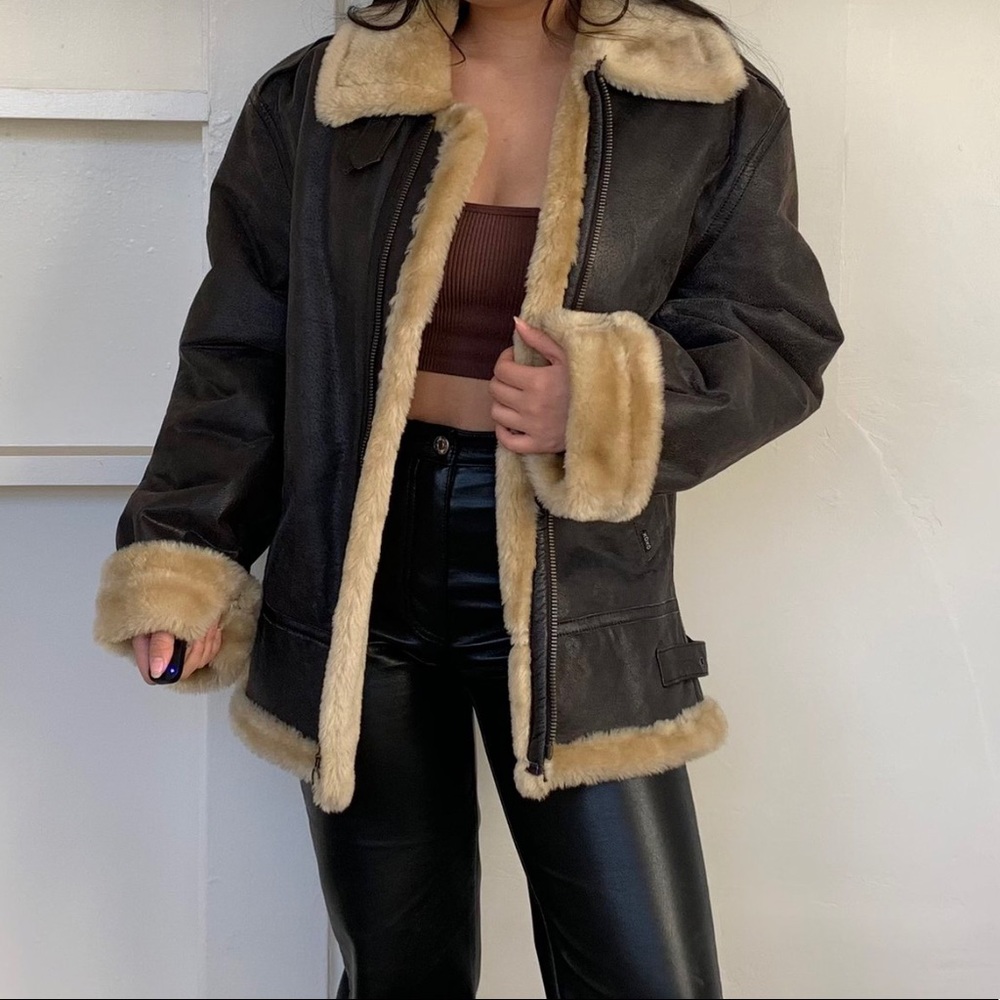 Vintage Fur Trim Brown Leather Jacket